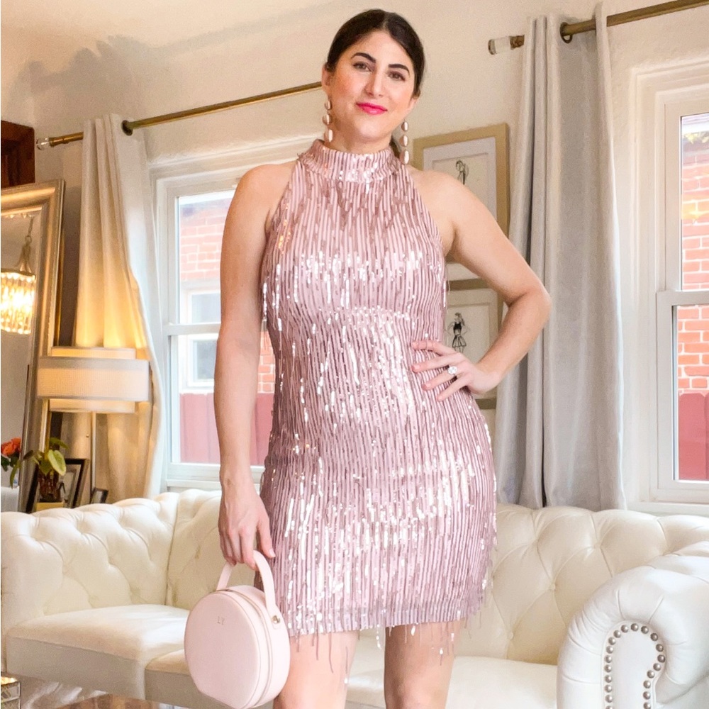 BABY PINK ELIZA J PINK SEQUIN FRINGE MINI DRESS